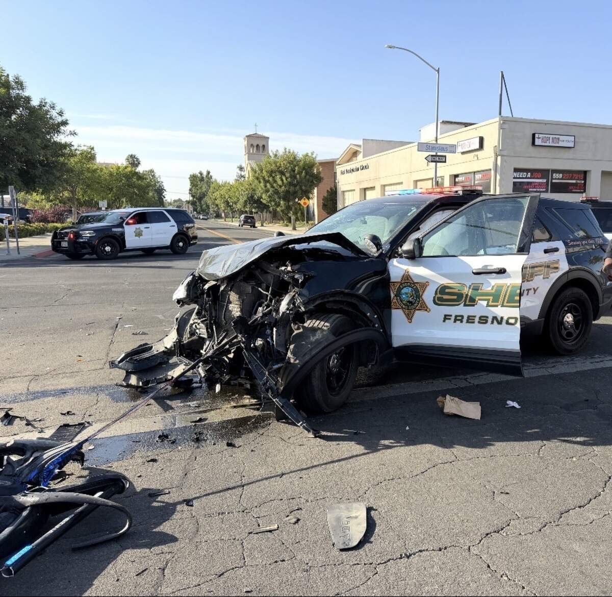 Two deputies were hospitalized with minor injuries after crashing into a bus during a pursuit on Tuesday.